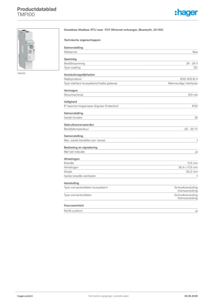 Afbeelding Hager Productdatablad TMF100 | Hager Nederland