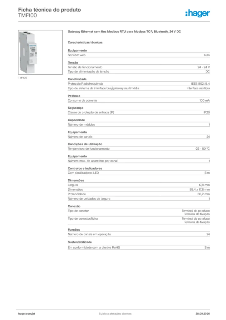 Imagem Hager Ficha técnica do produto TMF100 | Hager Portugal