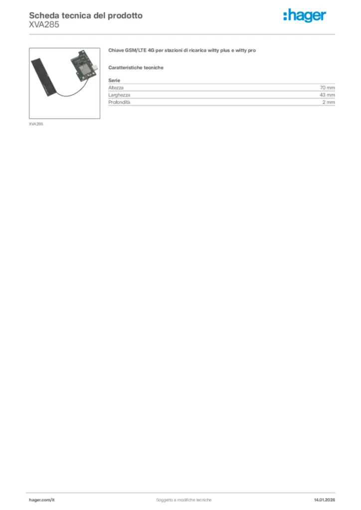 Immagine Hager Scheda tecnica del prodotto XVA285 | Hager Italia