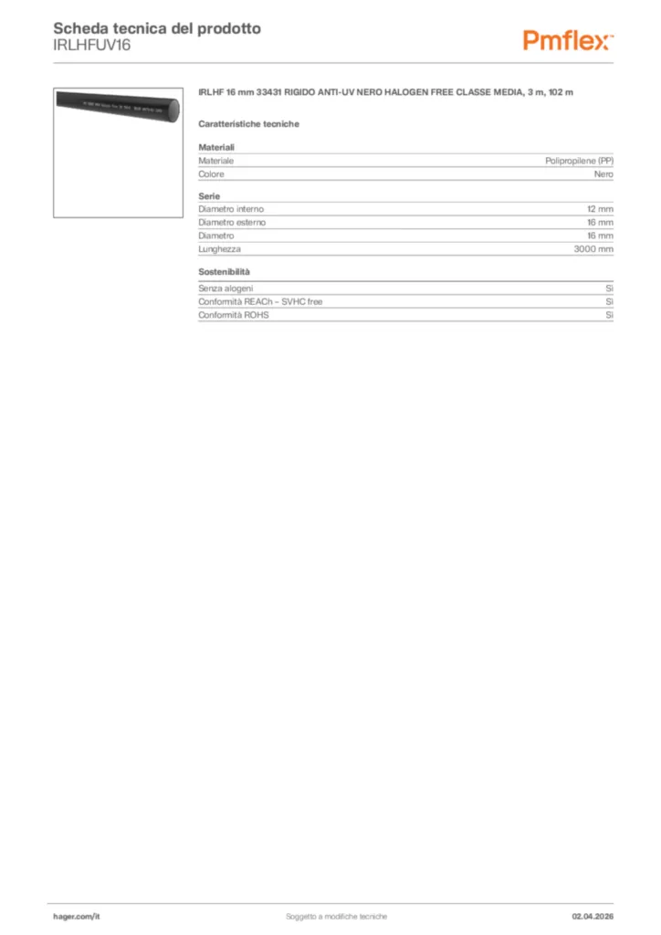 Immagine Pmflex Scheda tecnica del prodotto IRLHFUV16 | Hager Italia