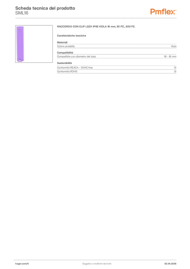 Immagine Pmflex Scheda tecnica del prodotto SML16 | Hager Italia
