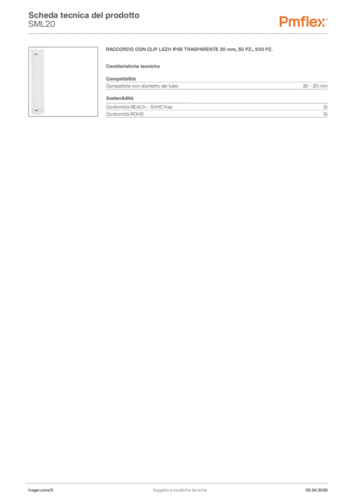 Immagine Pmflex Scheda tecnica del prodotto SML20 | Hager Italia