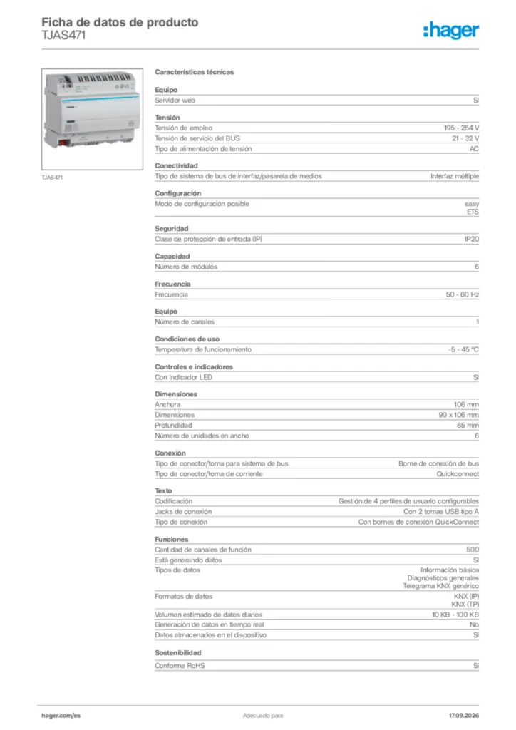 Imagen Hager Ficha de datos de producto TJAS471 | Hager España