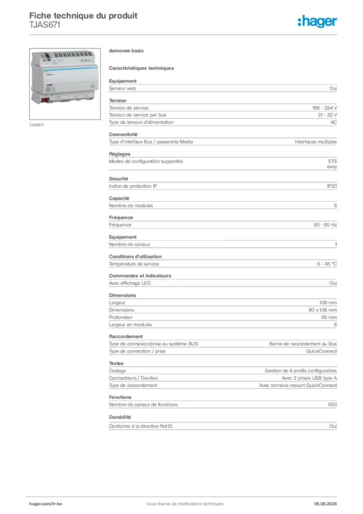 Image Hager Fiche technique du produit TJAS671 | Hager Belgique