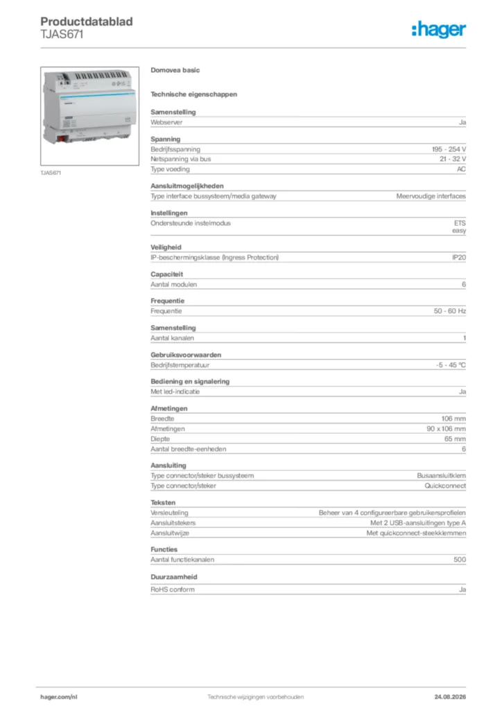 Afbeelding Hager Productdatablad TJAS671 | Hager Nederland