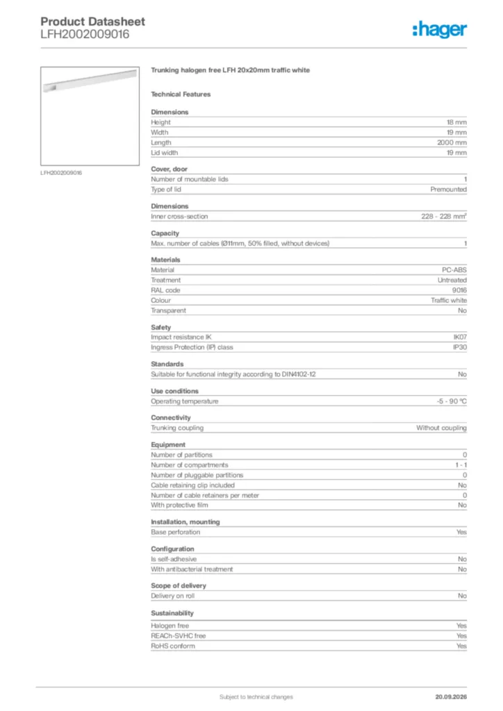 Image Hager Product data sheet LFH2002009016  | Hager Africa