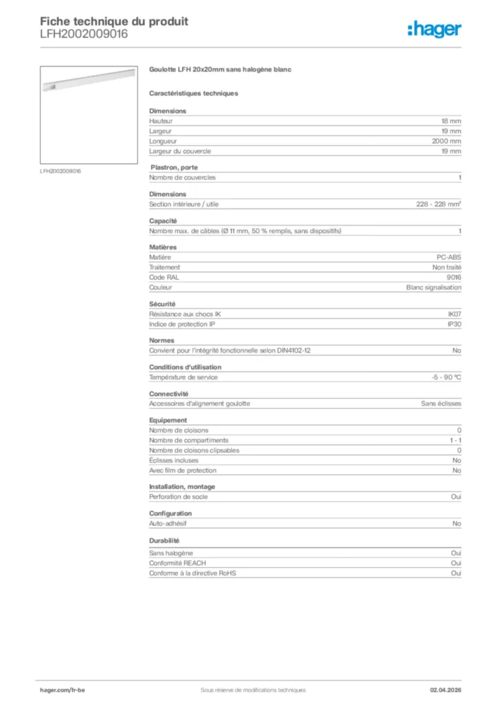 Image Hager Fiche technique du produit LFH2002009016 | Hager Belgique