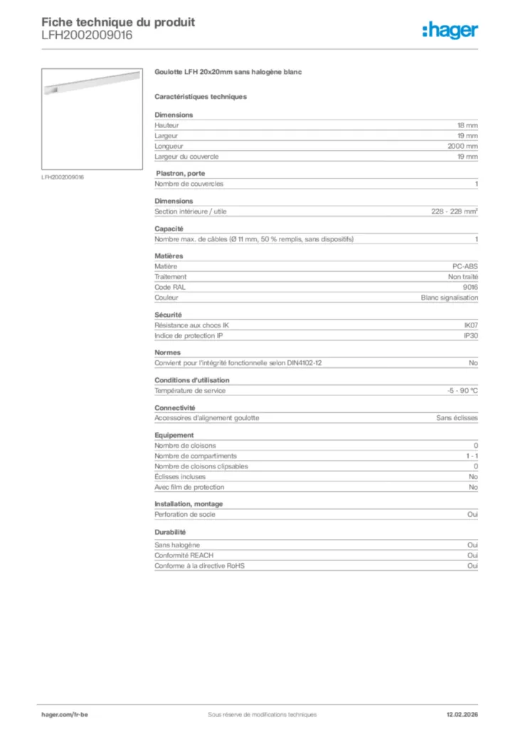 Image Hager Fiche technique du produit LFH2002009016 | Hager Belgique