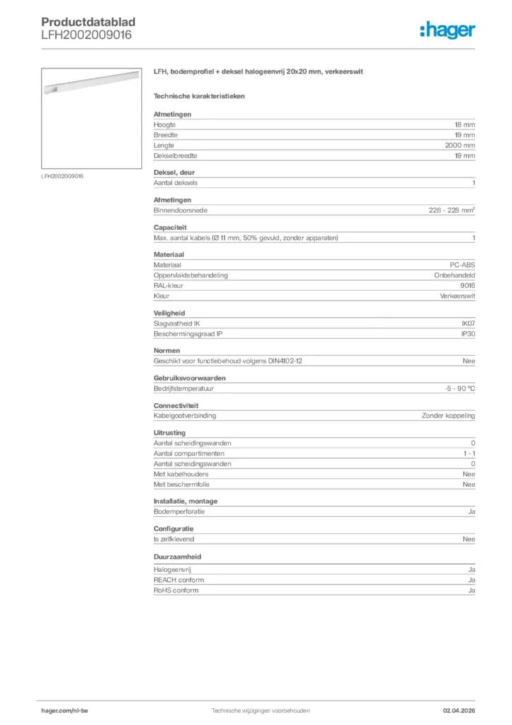 Afbeelding Hager Productdatablad LFH2002009016 | Hager Belgium