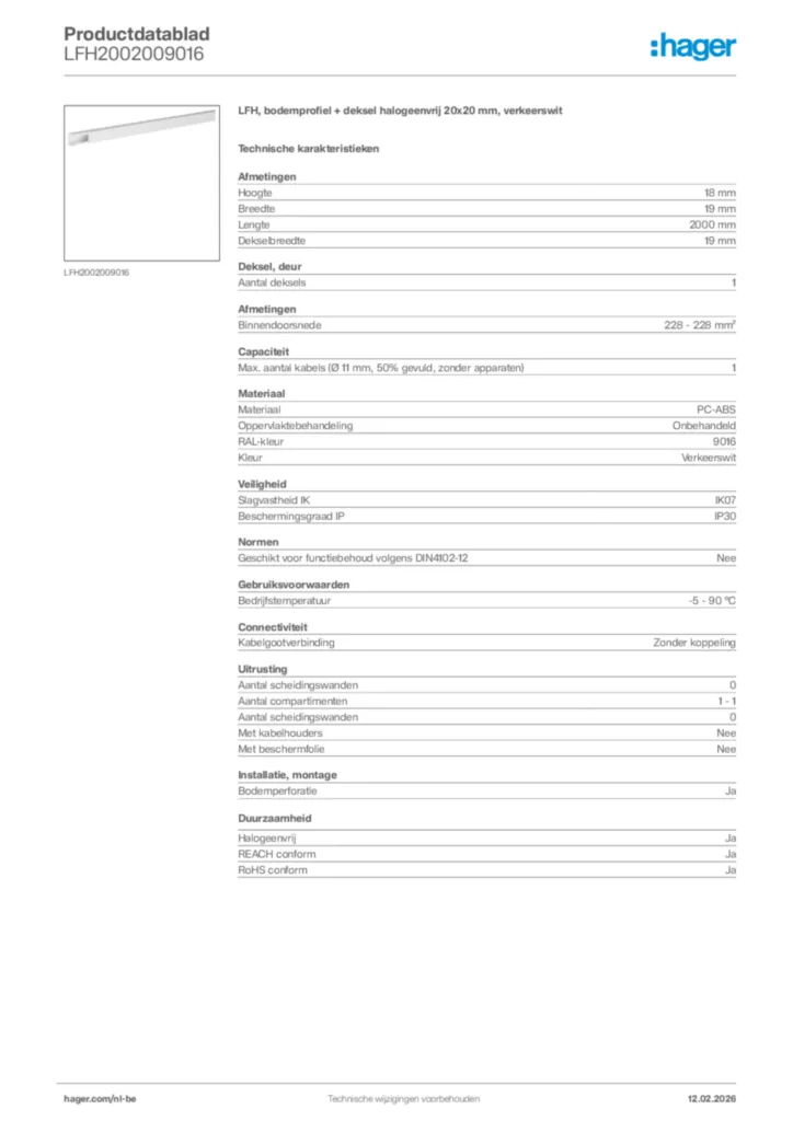 Afbeelding Hager Productdatablad LFH2002009016 | Hager Belgium
