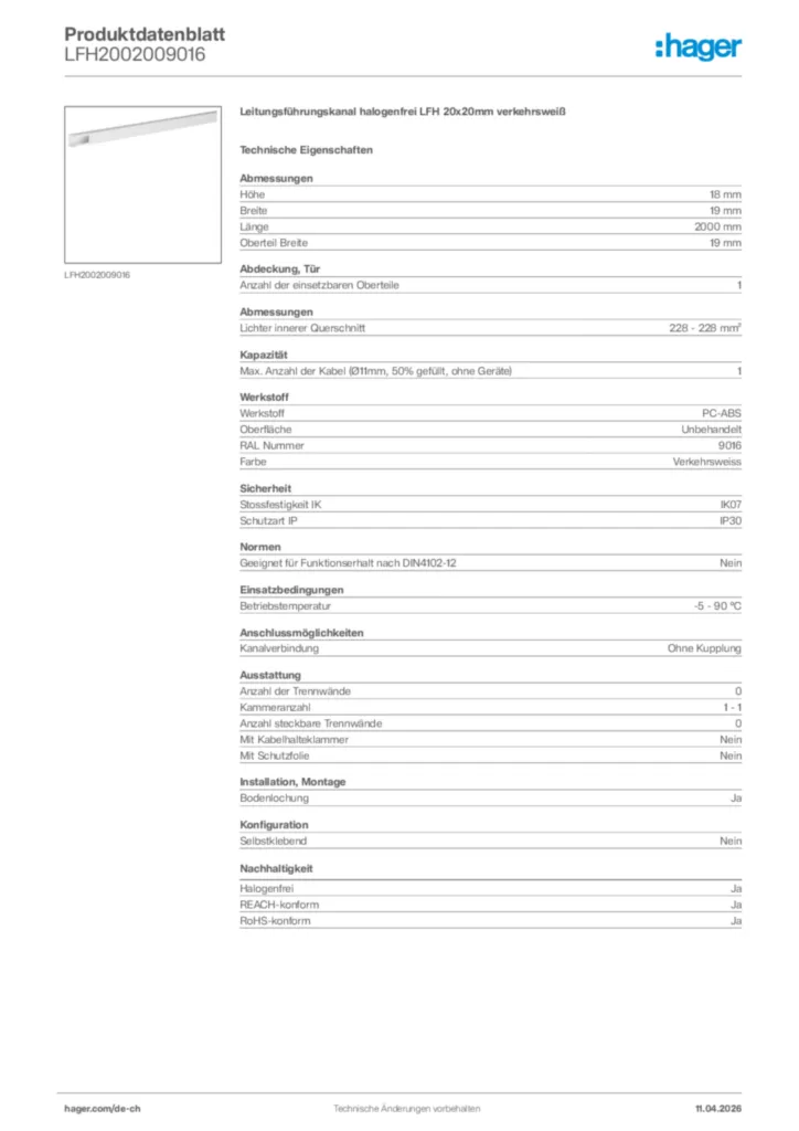 Bild Hager Produktdatenblatt LFH2002009016 | Hager Schweiz
