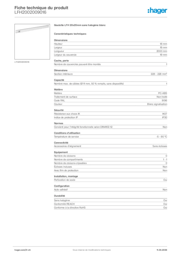 Image Hager Fiche technique du produit LFH2002009016 | Hager Suisse