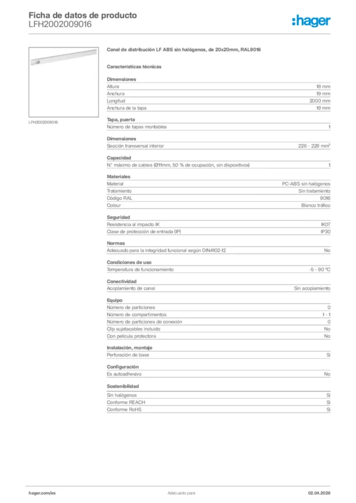 Imagen Hager Ficha de datos de producto LFH2002009016 | Hager España