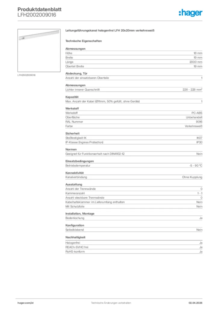 Bild Hager Produktdatenblatt LFH2002009016 | Hager Deutschland