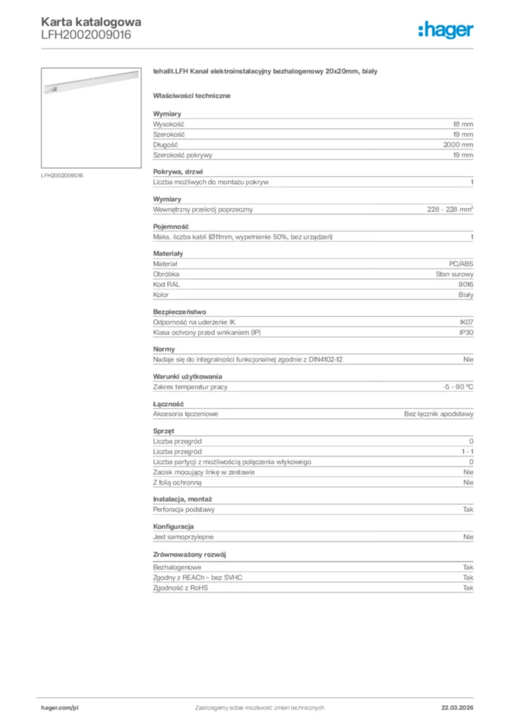 Zdjęcie Hager Karta katalogowa LFH2002009016 | Hager Polska