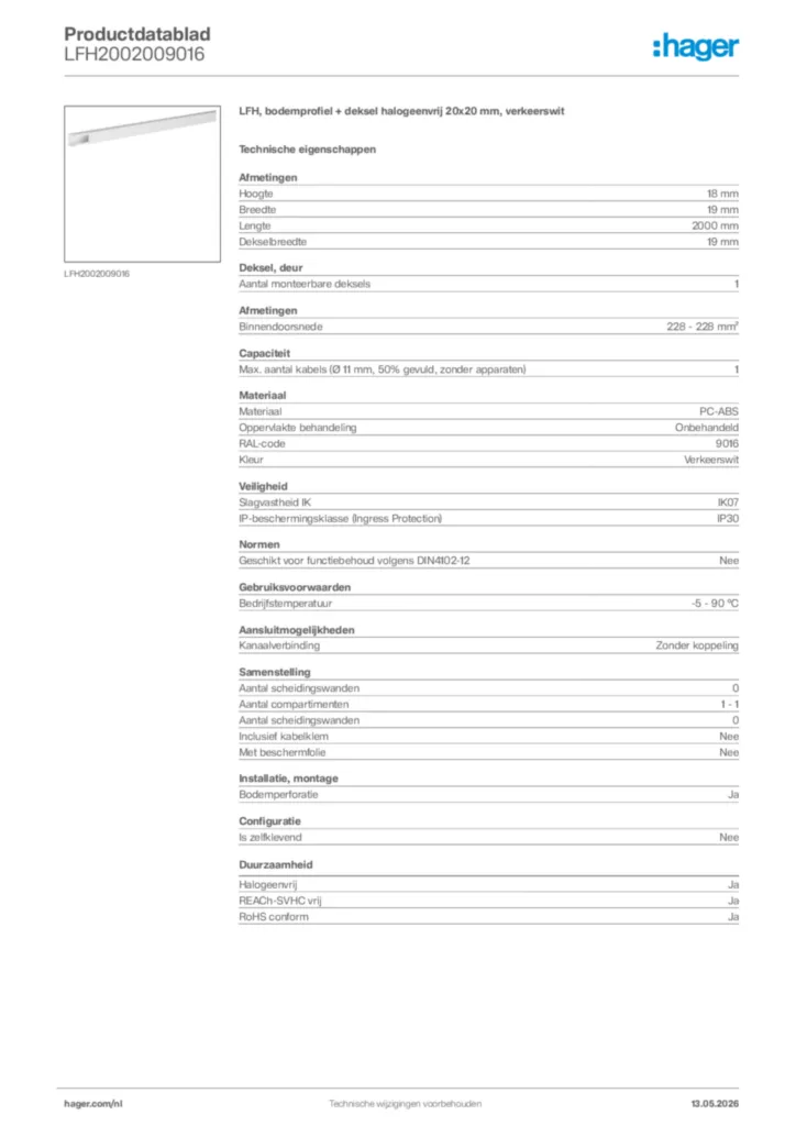 Afbeelding Hager Productdatablad LFH2002009016 | Hager Nederland