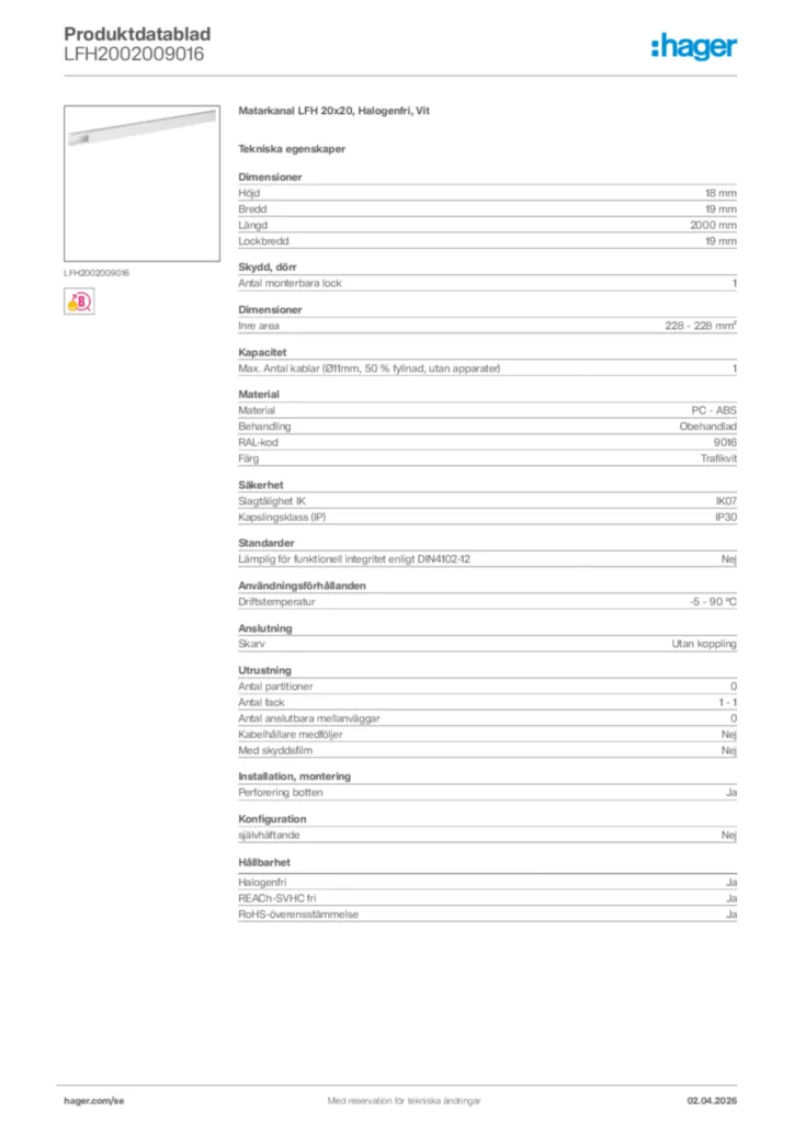 Bild Hager Produktdatablad LFH2002009016 | Hager Sverige