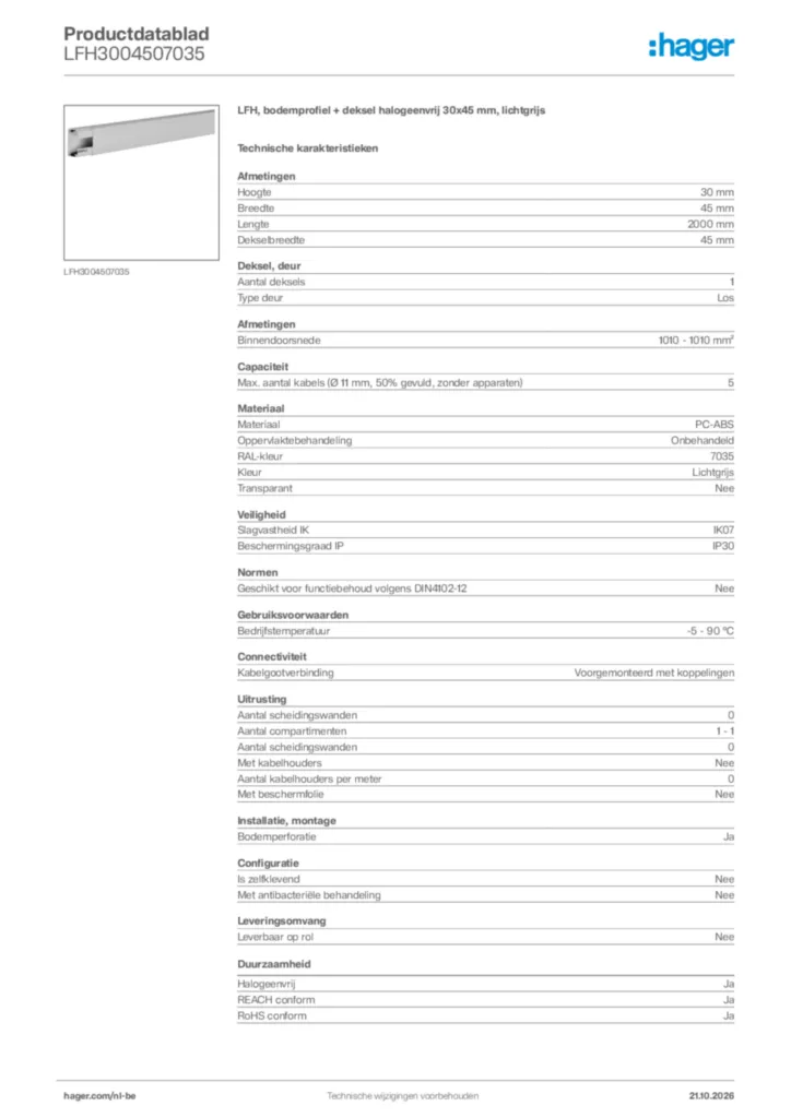 Afbeelding Hager Productdatablad LFH3004507035 | Hager Belgium