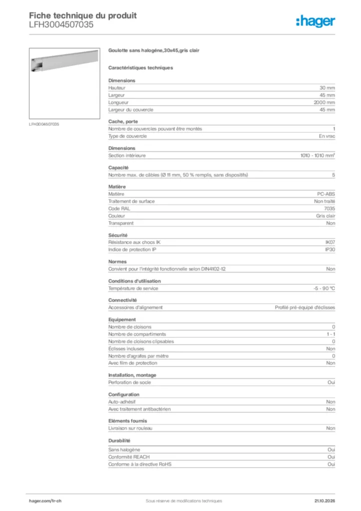 Image Hager Fiche technique du produit LFH3004507035 | Hager Suisse