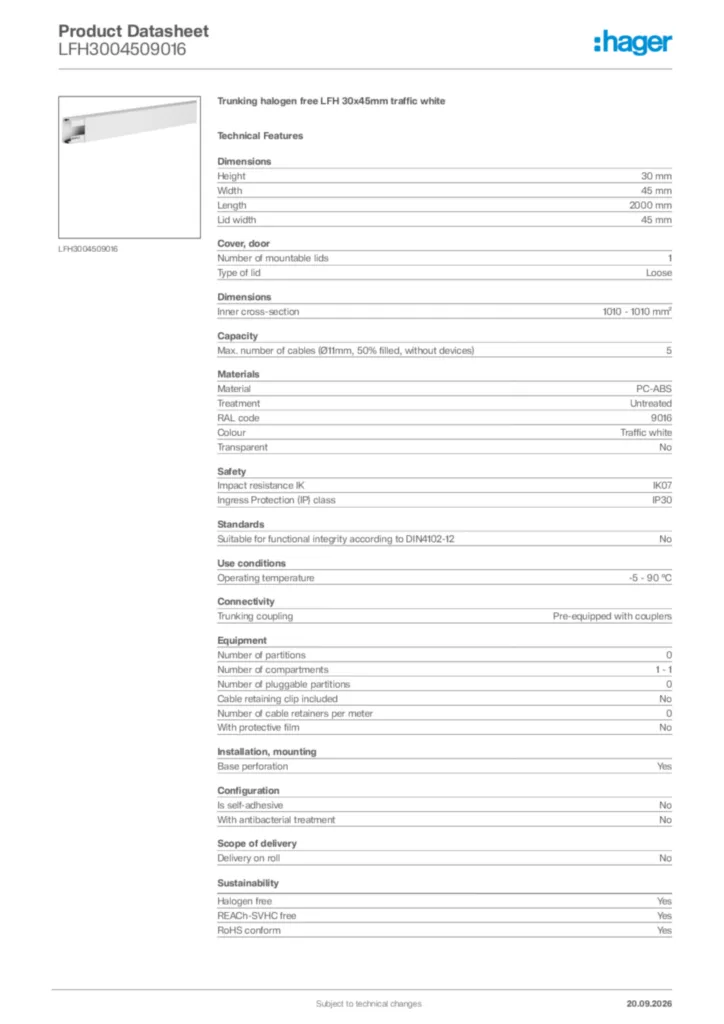 Image Hager Product data sheet LFH3004509016  | Hager Africa