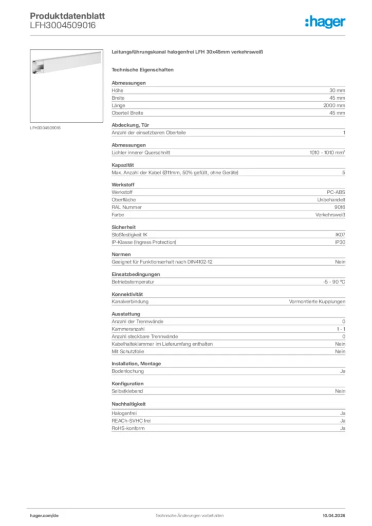 Bild Hager Produktdatenblatt LFH3004509016 | Hager Deutschland