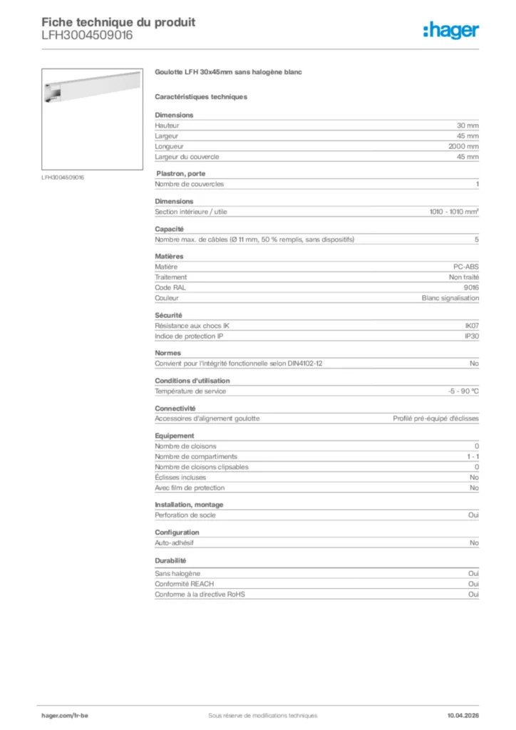 Image Hager Fiche technique du produit LFH3004509016 | Hager Belgique