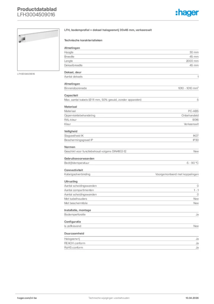 Afbeelding Hager Productdatablad LFH3004509016 | Hager Belgium