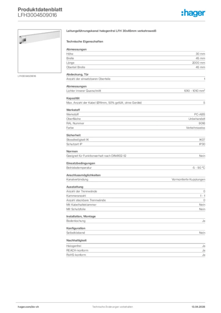 Bild Hager Produktdatenblatt LFH3004509016 | Hager Schweiz
