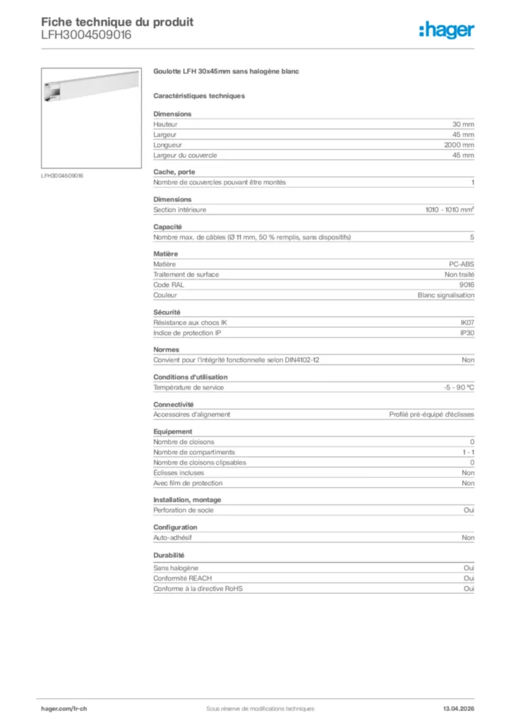 Image Hager Fiche technique du produit LFH3004509016 | Hager Suisse