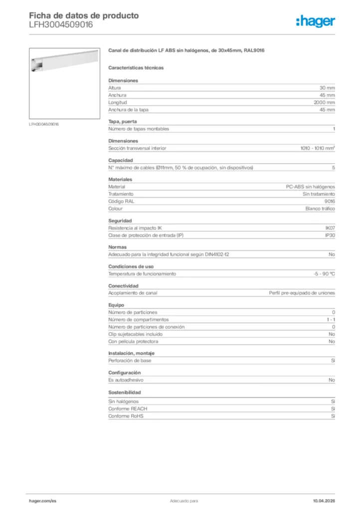 Imagen Hager Ficha de datos de producto LFH3004509016 | Hager España