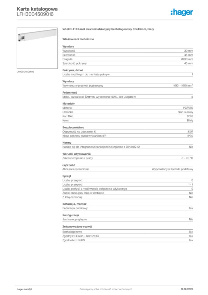 Zdjęcie Hager Karta katalogowa LFH3004509016 | Hager Polska