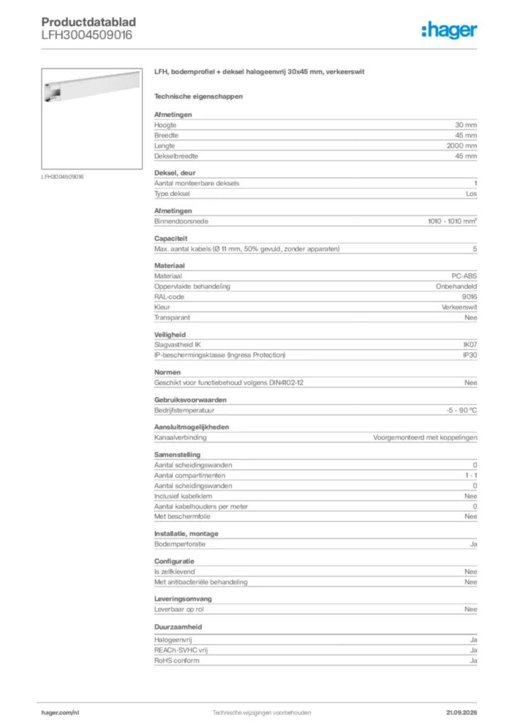Afbeelding Hager Productdatablad LFH3004509016 | Hager Nederland