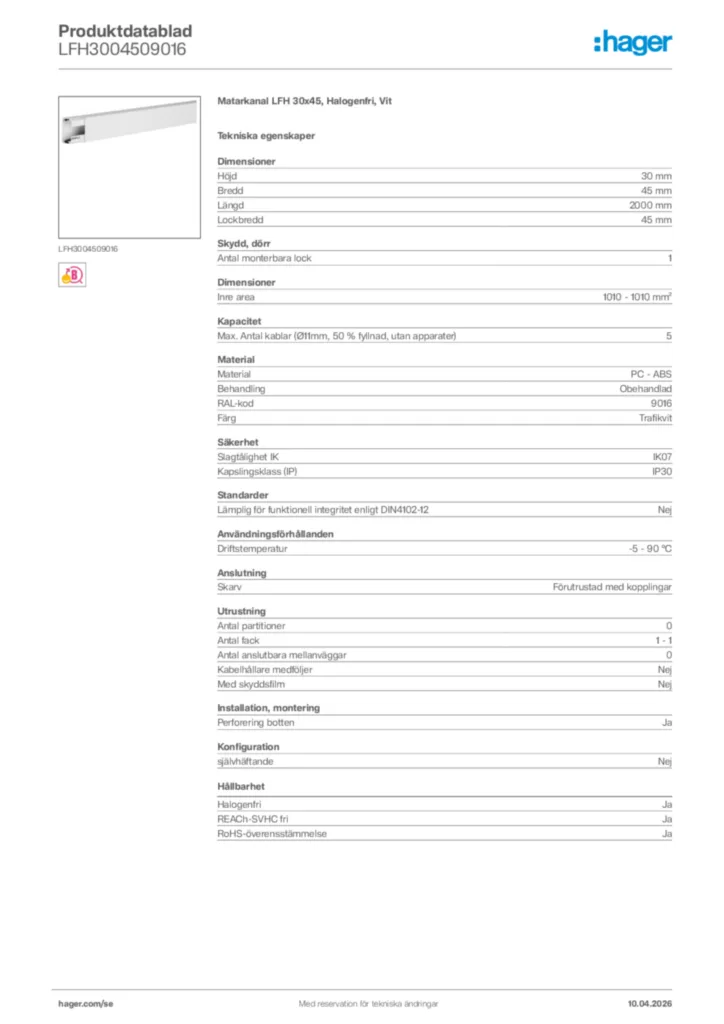 Bild Hager Produktdatablad LFH3004509016 | Hager Sverige