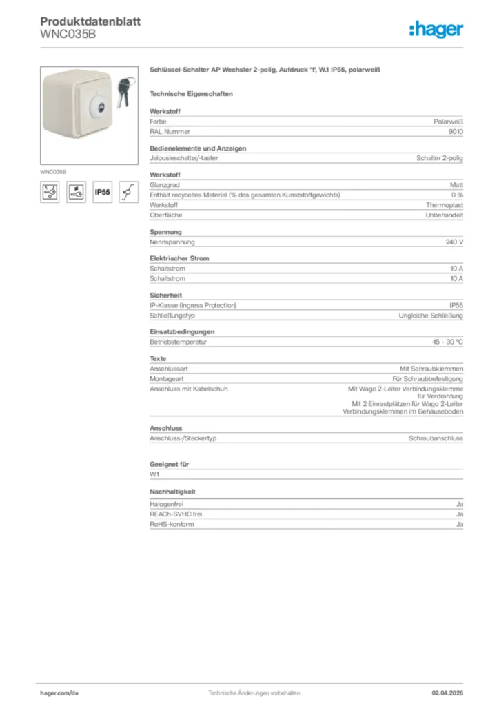 Bild Hager Produktdatenblatt WNC035B | Hager Deutschland