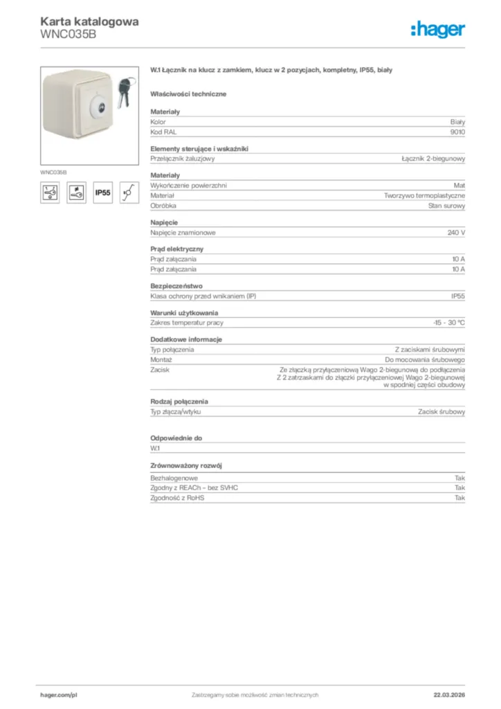 Zdjęcie Hager Karta katalogowa WNC035B | Hager Polska