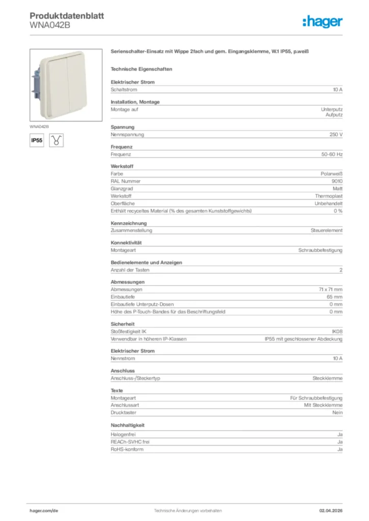 Bild Hager Produktdatenblatt WNA042B | Hager Deutschland