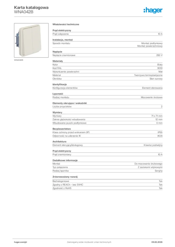 Zdjęcie Hager Karta katalogowa WNA042B | Hager Polska