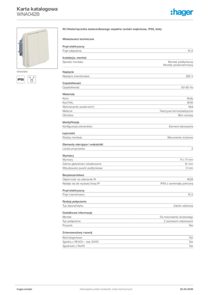 Zdjęcie Hager Karta katalogowa WNA042B | Hager Polska