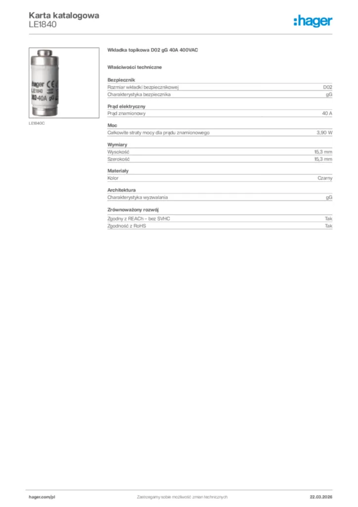 Zdjęcie Hager Karta katalogowa LE1840 | Hager Polska