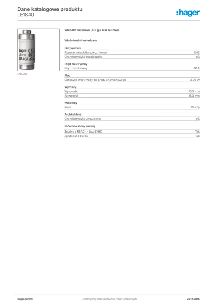 Zdjęcie Hager Karta katalogowa LE1840 | Hager Polska
