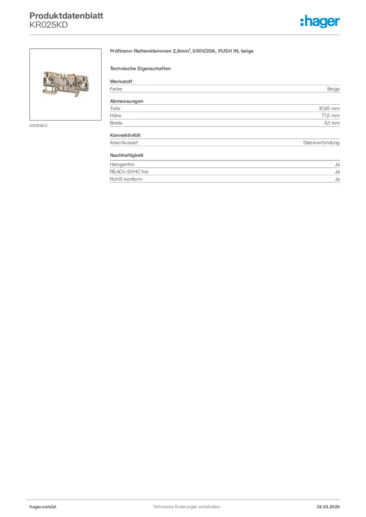 Bild Hager Produktdatenblatt KR025KD | Hager Deutschland