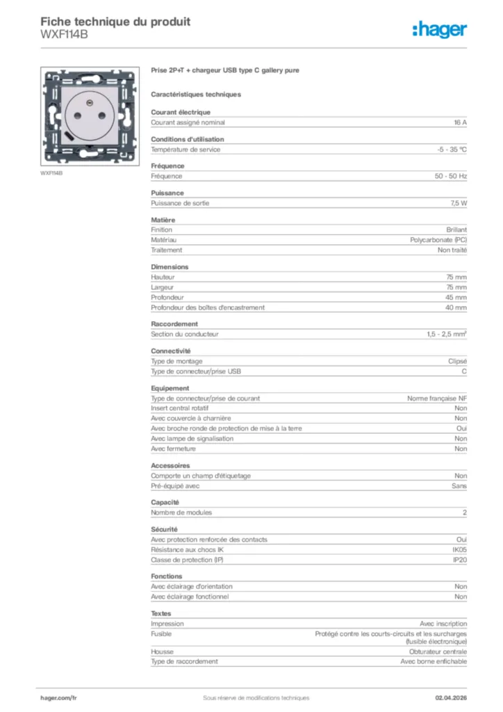 Image Hager Fiche technique du produit WXF114B | Hager France