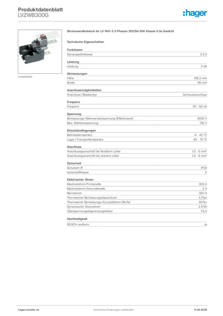 Bild Hager Produktdatenblatt LVZWB300G | Hager Schweiz