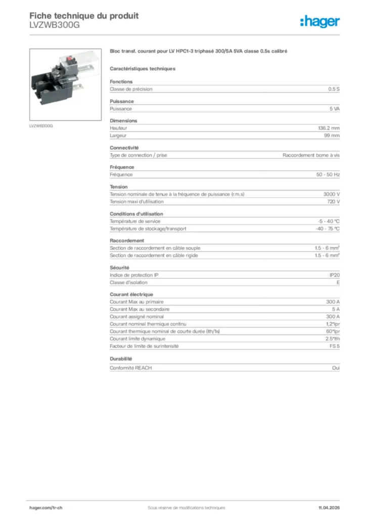 Image Hager Fiche technique du produit LVZWB300G | Hager Suisse