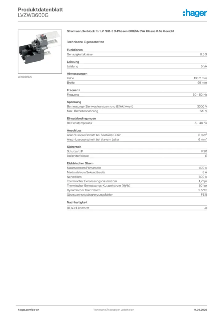 Bild Hager Produktdatenblatt LVZWB600G | Hager Schweiz