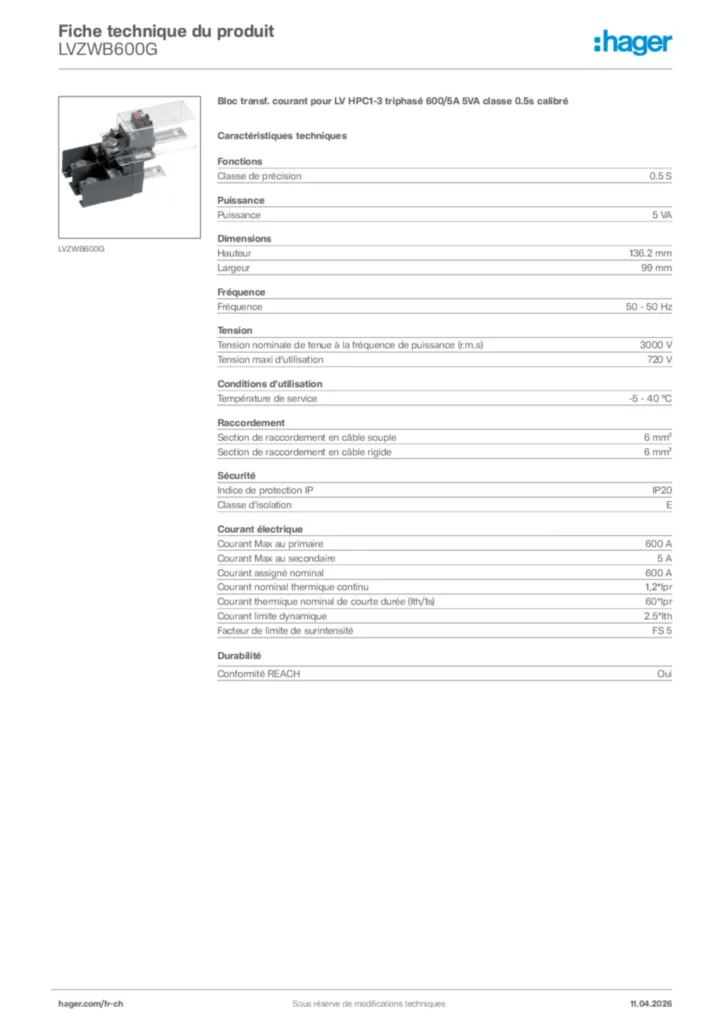 Image Hager Fiche technique du produit LVZWB600G | Hager Suisse