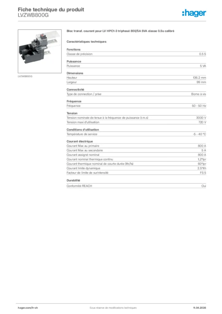 Image Hager Fiche technique du produit LVZWB800G | Hager Suisse