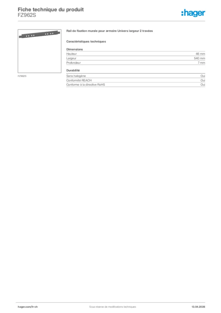 Image Hager Fiche technique du produit FZ962S | Hager Suisse