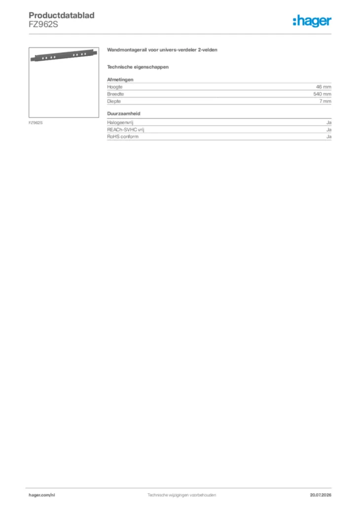 Afbeelding Hager Productdatablad FZ962S | Hager Nederland