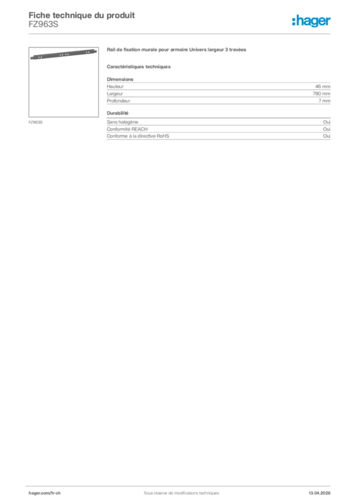 Image Hager Fiche technique du produit FZ963S | Hager Suisse